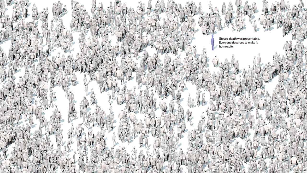 Road to Zero poster, render of hundreds of people with one individual coloured.